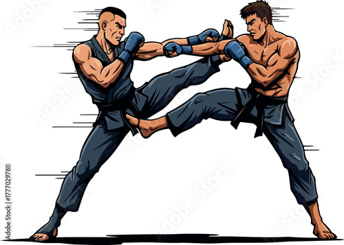 Two Fighters Kickboxing in Blue Outfits Dynamic Motion Isolated