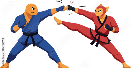 Two Fighters One Blue Karate Gi Other Red Animal Mask Karate