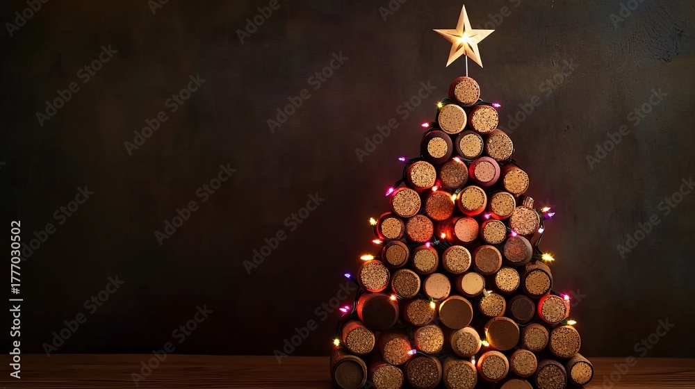 Fototapeta premium Whimsical wine cork Christmas tree glows with festive lights and a shining star, a unique holiday decoration for cozy celebrations