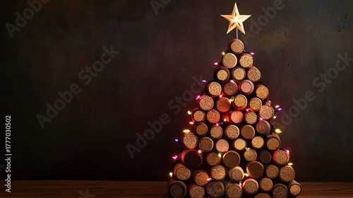 Whimsical wine cork Christmas tree glows with festive lights and a shining star, a unique holiday decoration for cozy celebrations