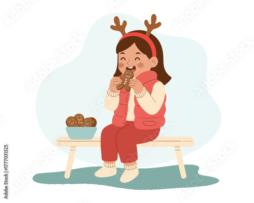 Happy girl wearing reindeer antlers eating a gingerbread man enjoying a Christmas treat vector illustration isolated on white background