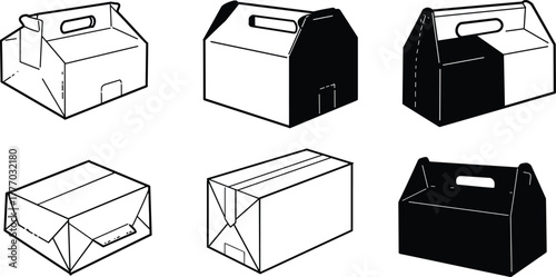 Cardboard packaging box set, handle carry box, folding carton template, product packaging design, vector illustration, delivery, shipping, retail
