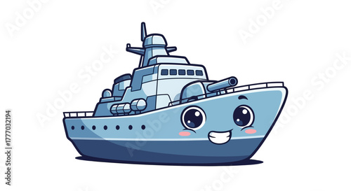 cute navy warship vector with cartoon eyes