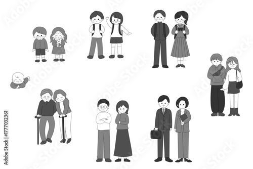 乳児から高齢者まで　成長する男女の白黒イラストセット