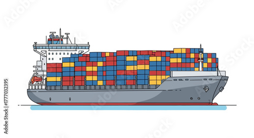 vector illustration of a large cargo container ship carrying colorful containers