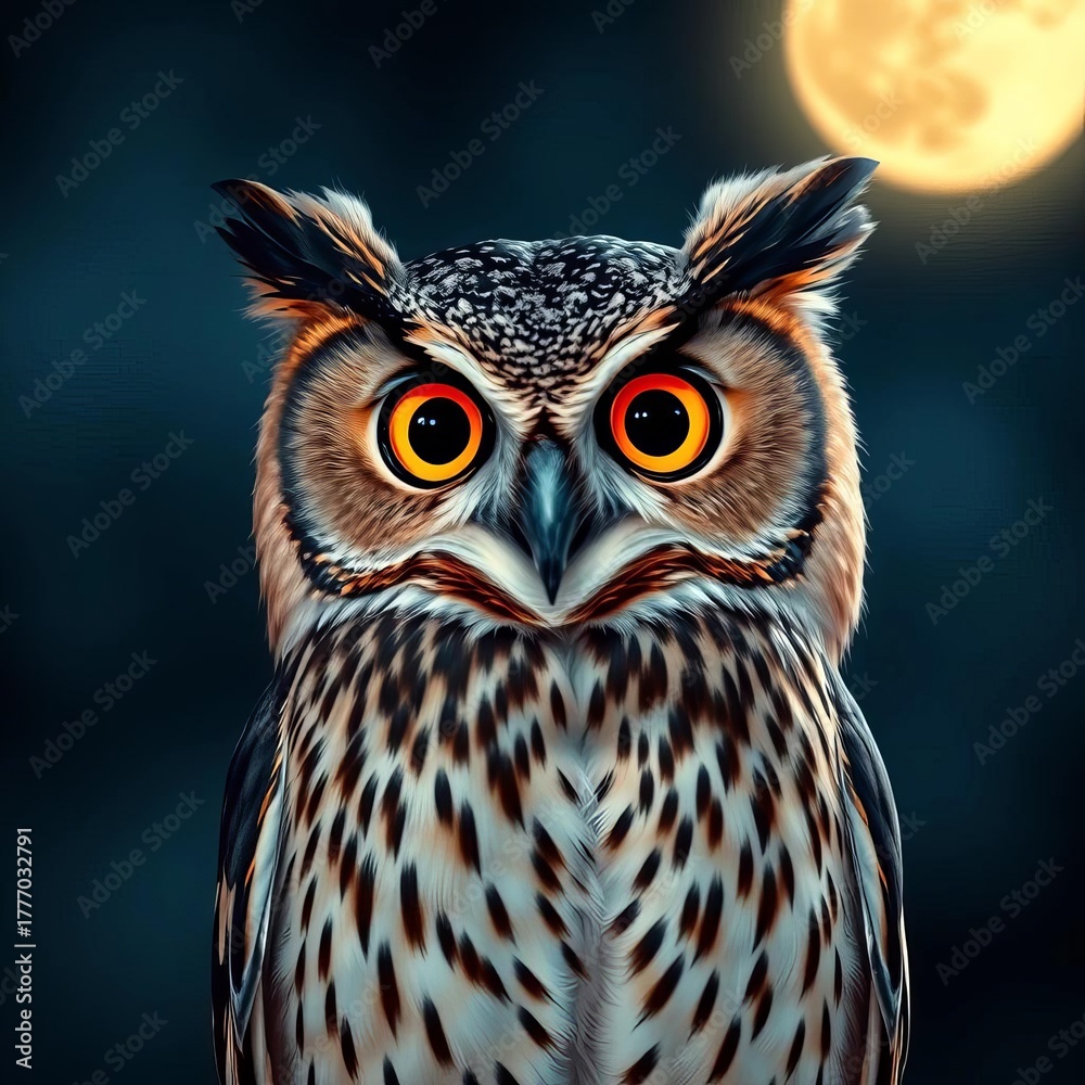 Fototapeta premium A hooting owl with wide, observant eyes illuminated by moonlight, ready for the night's hunt, branch, wisdom