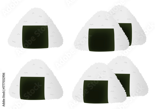 海苔で巻いた三角形のおにぎりのイラストのセット
