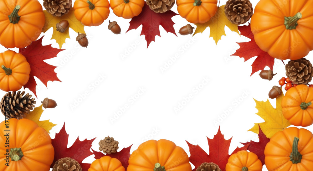 Fototapeta premium Autumn harvest pumpkin and maple leaf border transparent background cutout png