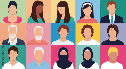 Diverse group of people avatars, representing different ethnicities, religions, and professions