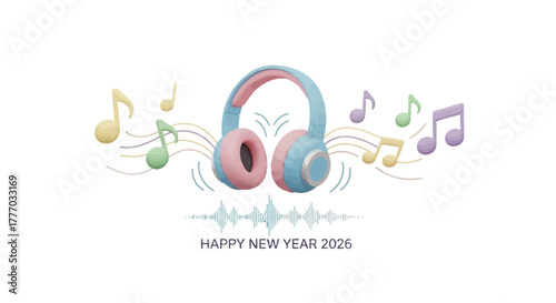 A 3D rendering of light blue and pink headphones surrounded by colorful musical notes and sound waves, with "Happy New Year 2026" text below.