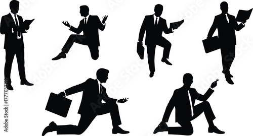 Business silhouettes, corporate professionals, briefcase poses, office actions, teamwork gestures, black vector icons, leadership, presentation, communication, success