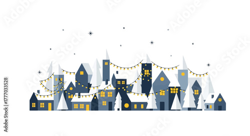 Cozy Winter Village with Twinkling Lights Charming Festive Illustration for Christmas and New Year Holidays