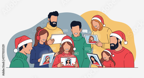 Diverse Family Friends Celebrate Christmas New Year Virtually with Video Calls on Tablets Phones Spreading Holiday Cheer and Connection Despite Distance