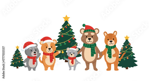 Adorable Cartoon Bear Family Celebrating Christmas Together with Festive Trees