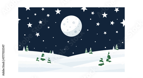 Magical Winter Night Sky with Full Moon and Stars over Snow Covered Landscape