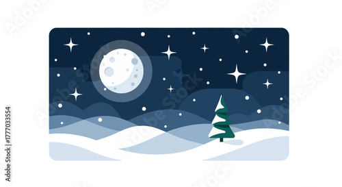 Whimsical Winter Night Scene Full Moon Snow Covered Hills and a Solitary Evergreen Tree Under a Starry Sky