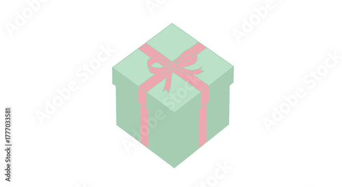 Light Green Gift Box with Pink Ribbon Isometric View Celebration Present Surprise Birthday Anniversary Holiday Special Occasion Gift Giving