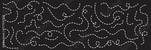 Hand drawn dotted line element set. Curved and twisted dashed paths. Wavy dashed curvy line, loopy squiggle path, decorative wave border, dotted line divider, seamless vector illustration. EPS 10 