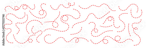 Hand drawn dotted line element set. Curved and twisted dashed paths. Wavy dashed curvy line, loopy squiggle path, decorative wave border, dotted line divider, seamless vector illustration. EPS 10 