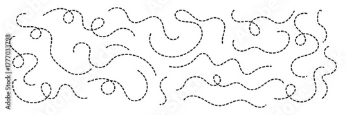 Dashed hand drawn squiggle loopy line vector. Dotted spiral curve line. Hand Sketched Curly Border. Abstract long squiggle dashed. Abstract Hand-Drawn Dotted Line Collection. EPS 10