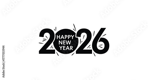 Bold graphic design celebrating the arrival of the new year 2026 with festive bursts and a circular text element