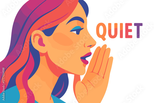 Woman whispering the word "quiet" in colorful graphic style whisper quiet