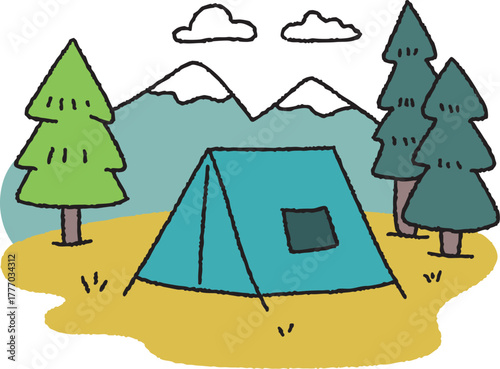 산과 나무와 구름 등 자연에서 캠핑 일러스트 세트 2