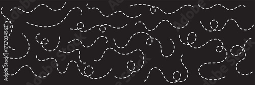 Abstract wavy squiggle dashed line collection. Dotted spiral curve line. Transport dot paths lines. Thin line abstract doted swirl path. Minimal squiggle divider, loopy line vector icon isolated.