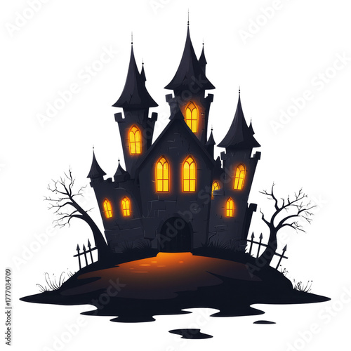 Spooky haunted castle with glowing windows at night