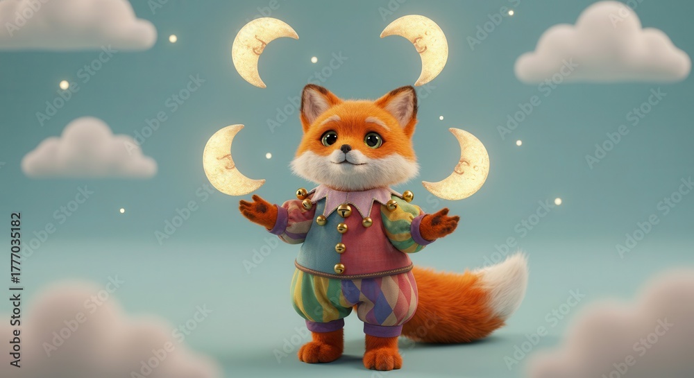 Obraz premium Adorable stylized fox character wearing a colorful costume juggles glowing crescent moons