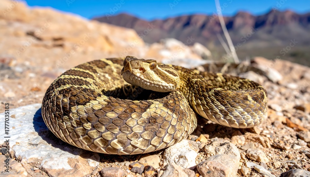Fototapeta premium A coiled reptile with patterned scales in rocky, arid environment