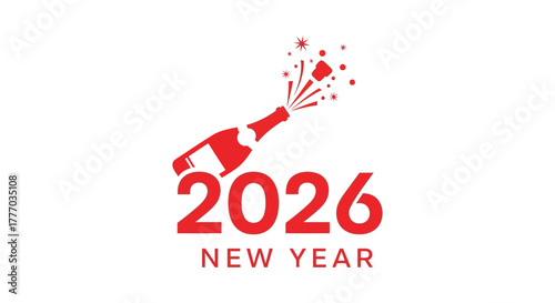 Red champagne bottle popping cork and spraying bubbles with 2026 new year text