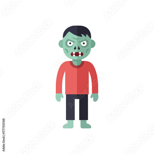 Cartoon zombie with green skin, red shirt, and dark pants standing.