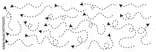 Clean dot style hand drawn doodle arrows set. Clean dot arrows style doodle set hand drawn. Curve Dotted line, preliminary. isolated on white background vector collection