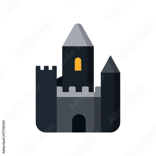 Stylized dark grey castle icon with battlements and a single yellow window, featuring a tall central tower and two smaller side turrets.