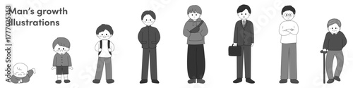 男性の赤ちゃんから高齢者までのライフステージイラスト　白黒