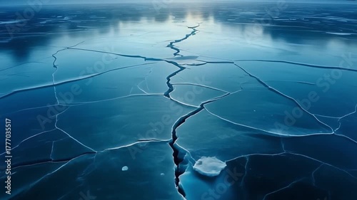 Amazing frozen lake aerial view of cracked ice and snow landscape arctic environment coldness