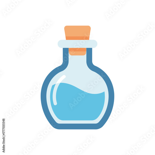 A simple vector illustration of a small glass potion bottle filled with blue liquid and sealed with a cork stopper.