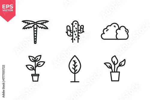Set of line icons related to tree, plants, nature, forest. Outline icons collection. Editable stroke. Vector illustration