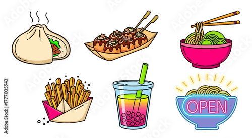 Street Food Vector Icons, bao bun, takoyaki, and bubble tea for night market branding