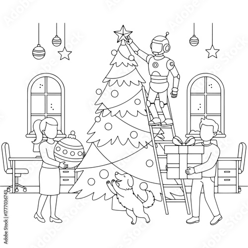 Merry Christmas preparations. Robot, man, woman and a dog decorating a Christmas tree together. Mixture of future and tradition. Indoor office scene. Coloring page for kids. Vector line art.