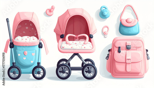 Pastel Flat Icons for Baby Essentials: Stroller & More