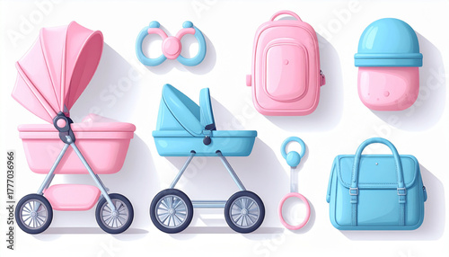 Pastel Flat Icons for Baby Essentials: Stroller & More