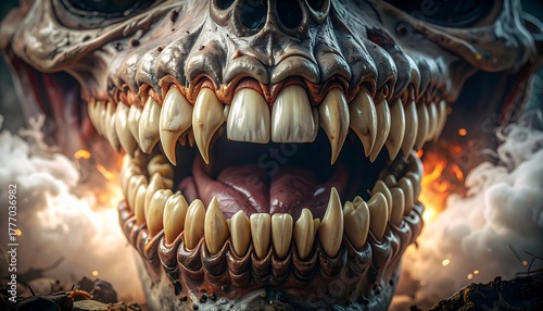 Monstrous skull with large, sharp teeth and open maw in a smoke-filled, hellish landscape; close-up, vibrant detail
