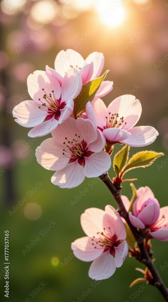 Fototapeta premium Close up of delicate pink cherry blossoms blooming in soft sunlight