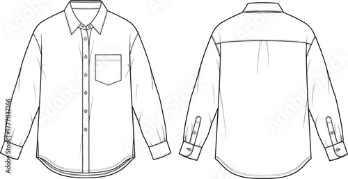 CAD Drawing Flat Vector Illustration of Long-Sleeve Button-Up Shirt with Pointed Collar, Chest Pocket, Curved Hem, and Back Yoke