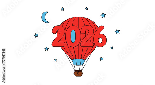 A red hot air balloon with the year 2026 in blue numerals, surrounded by stars and a crescent moon, against a white background.