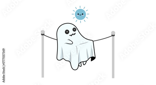 Cartoon ghost hanging on a clothesline under a smiling sun, against a white background, illustration.
