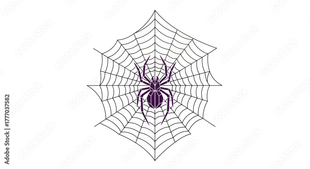 Obraz premium Illustration of a purple spider sitting in the center of its intricate, symmetrical web against a white background.