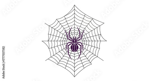Illustration of a purple spider sitting in the center of its intricate, symmetrical web against a white background.